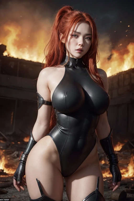 Red-haired girl with one blind eye with a large and striking scar, she wears cyberpunk armor, she has thin hips, exaggeratedly thick legs, thin arms, big breasts, big ass, she has striking freckles and she is beautiful and carries a katana, posing from the front, showing from her feet to her your head anime