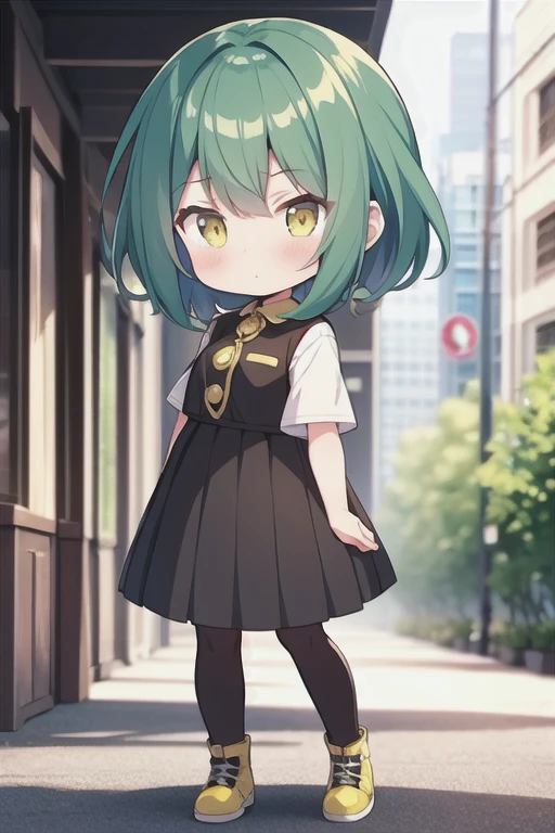 school, ground, 1girl, under-rim eyewear , cute petite , small beasdt , turquoise eyes, clear aqua hair, medium hair , bowl cut hair, streaked hair , bangs, hair flaps , Jubilant, embarrassed , head_tilt standing , between the legs, serafuku , black bow , fishnet tights, work boots , , warm light sunset, rays light sparkles lens flare deep shadows, depth of field peerless scenery sentimental, From Up, looking at another, portrait