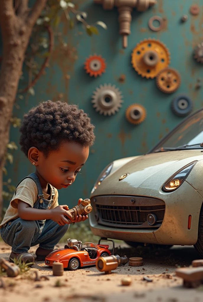 Little black boy, up close, saying "I love my collection of toy cars.", Pixar style, 3D style, Disney style, 8k, cute