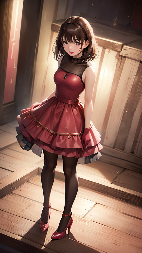 (masterpiece, best quality), 1girl, <lora:FairyGirl:0.8> FairyGirl,teenager,black hair,short hair,small_breasts,cross-laced clothes,juliet sleeves,open jacket,frilled dress,red dress,open clothes,frill,(black jacket:0.9),