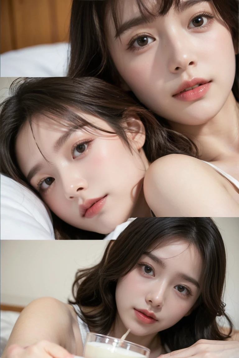 (High-resolution 8K raw photos are realistic,best qualtiy),get down on the bed,Stick together,Cuddle together,Stick out her tongue,Kiss,Japanese pink kimono,(full bodyesbian,in a panoramic view,Side Body,Lateral face,Top angle of view),Short hair in layers,Skinny and small,beautidful eyes,Super detailed face,Beautiful woman,Tight and thin waist,Bigchest,Teenage uncensored,cute female child,Glowing skin,20yr old,Pure,Celebrity,Noble,Raised sexy,(inside in room,onbed,Couples hotel,Rose petals on the bed,hugging pillow:1.2),Sharpen,Chiffon,Gauze skirt,lacing,Front light,(Solo:1.2),cleavage,sexl
