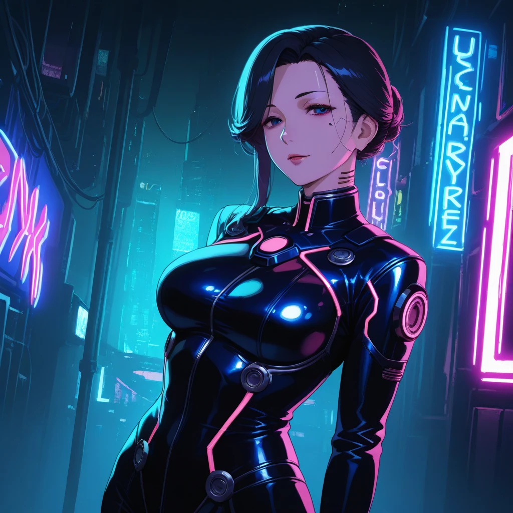 masterpiece, Best quality, (1 girl), (solo) (front facing), (upper body), (smile),(from front), (portrait), (night), (pose for picture), (dystopian city street), (large breast), (cleavage), (long hair),, black costume, black, gloves, dress boots, black gloves, puffy sleeves, black dress) (blak hairband),(cyberpunk costume), (green hair), (blue eyes), feather-trimmed sleeves anime, realistic, masterpiece, (bobcut, bangs), (A2 costume) (cyber_mark), ( facial mark), (cyberpunk suit), (j4nu4ryj0n3s cleavage), (demure), (dark room), (neon lights), (cyberpunk room), (focus on body), (look at front), (look at viewer)