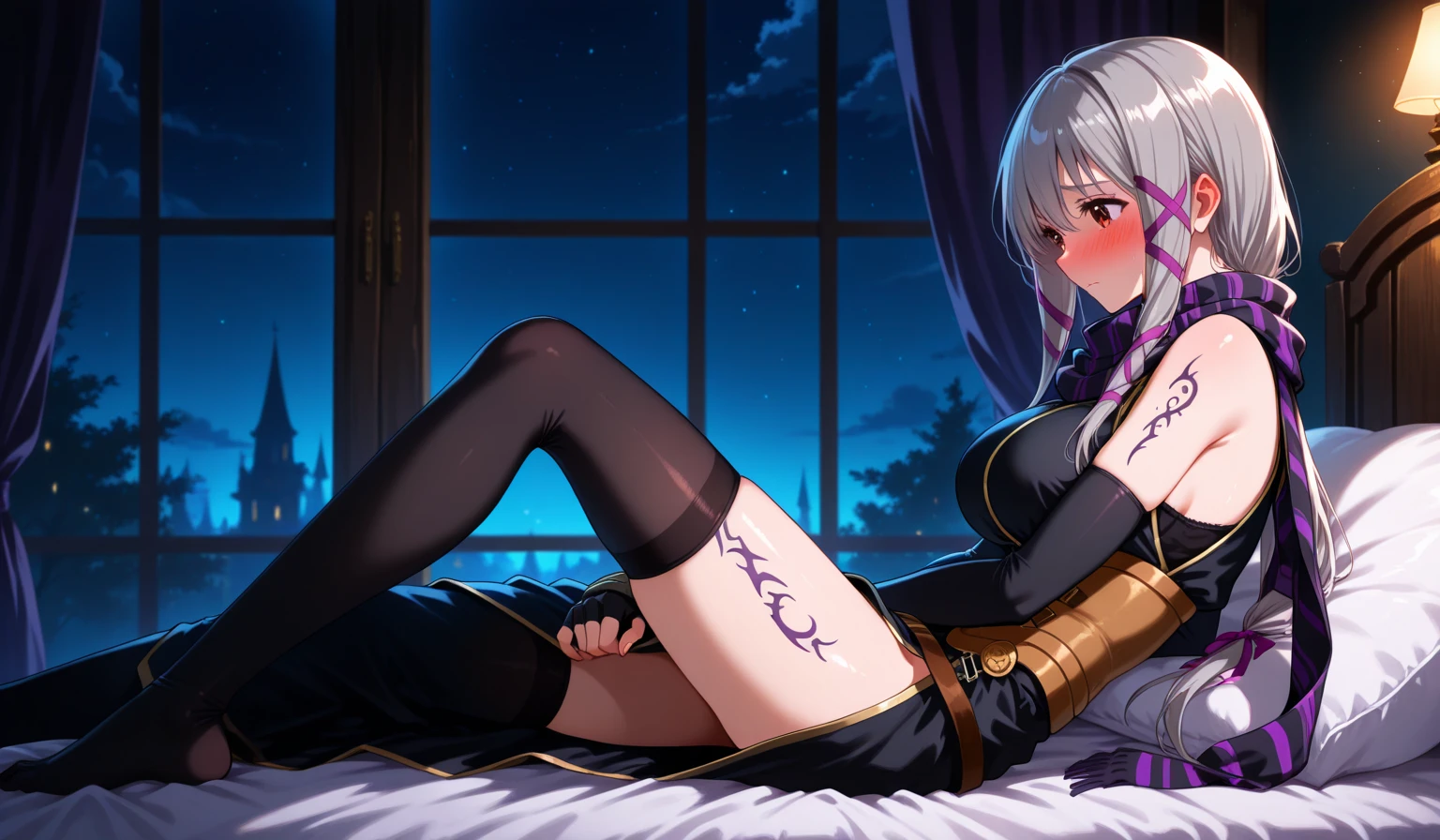 No panties, No clothes, Woman with open legs, White hair, a purple eye,is shy,exposing her chest,long whitr hair