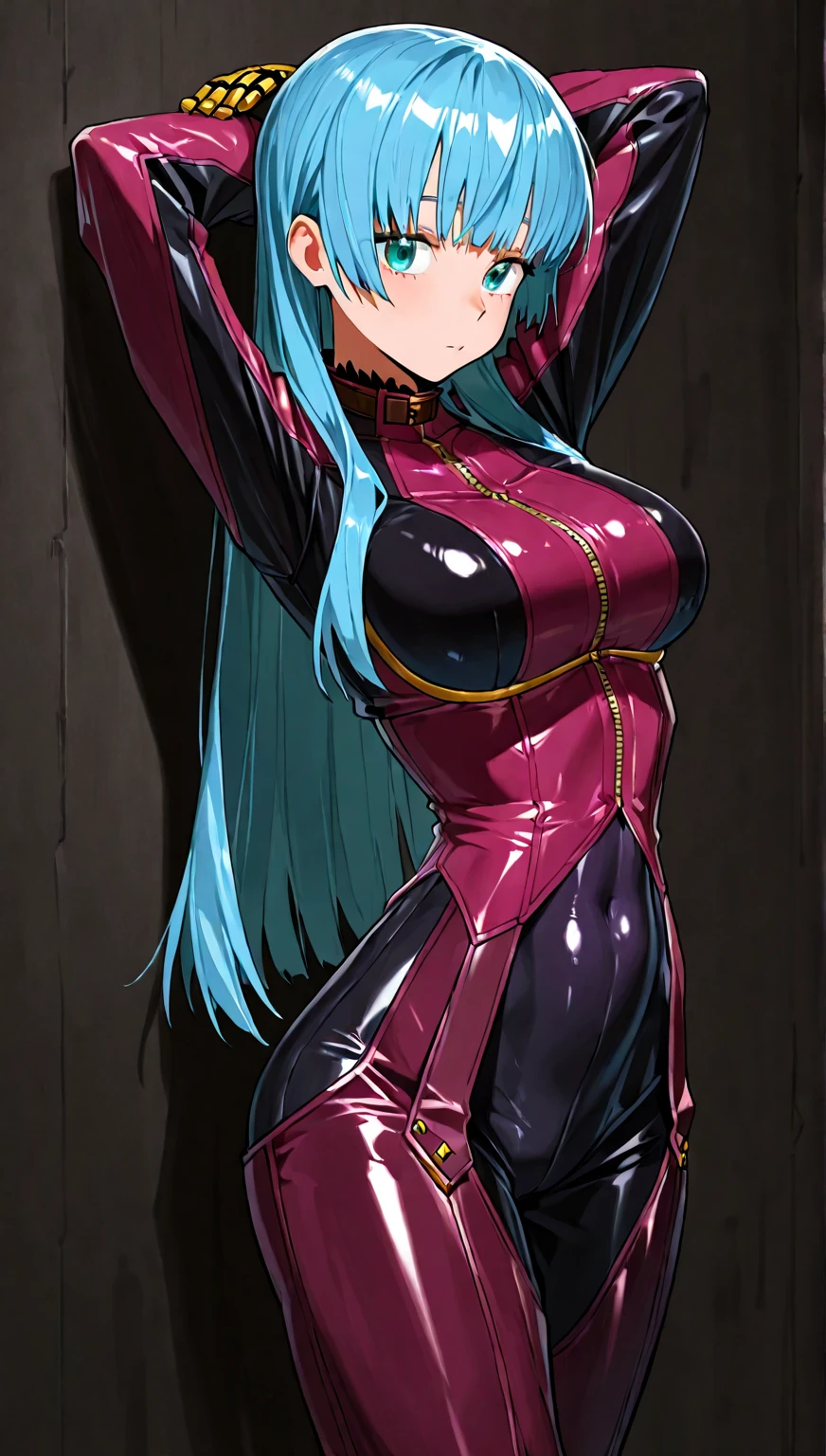 1girl, cowboy shot, taking selfie, from above, arms up, 
plunging neckline, red dress, choker,
long hair, blue hair, red lipstick,
standing, narrow waist, wide hips,
indoors