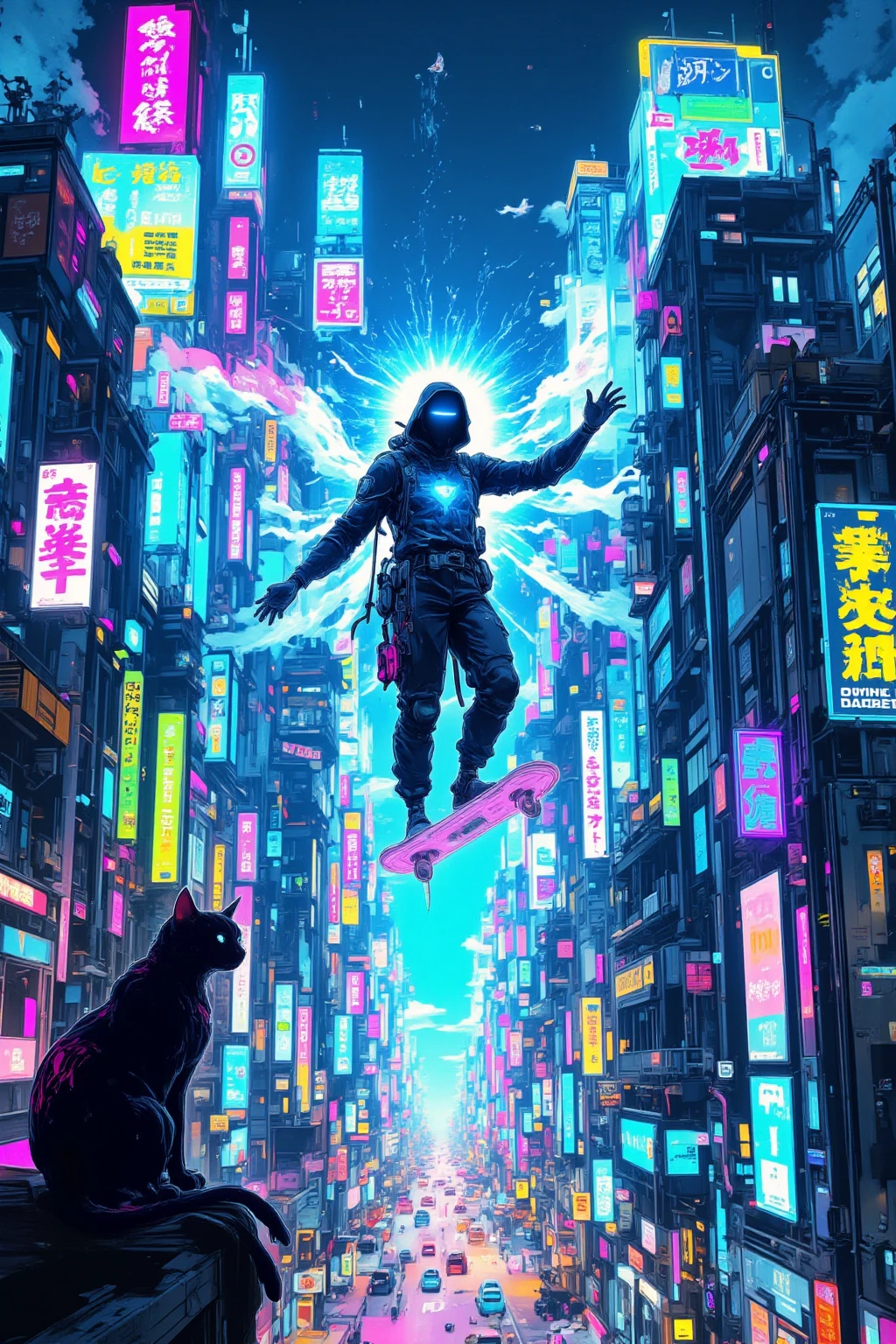 Mysterious Person Who Rides a Hoverboard, futuristic cityscape ,illuminating the vast cityscape with bright neon lights,Neon Signs with Purple Hues Dominating and Blue, green,The city is full of skyscrapers decorated with glowing advertisements and hologram displays,A Person Who Rides a Hoverboard,floating in the air in a dazzling scene, A sense of movement and excitement,The figures have dark silhouettes and are dimly illuminated by the brilliance of hoverboard lights, taking the contrast with the background,A cat sitting on the edge of a nearby skyscraper, Carefully Watching the Scene Unfold, Adding an atmosphere of whimsical curiosity,Mr.々Neon Signs with Blue,Cyberpunk Aesthetics,Digital Utopia,colorful x} A dynamic fusion of technology and urban life,An Atmosphere of Exploration and Futuristic Surprise,Arafe images of a man on a flying skateboard,cyberpunk art style, bright colors of cyberpunk ,  Spider-Verse , Cyberpunk Dream World, Digital Cyberpunk Anime Art, Cyberpunk Aesthetics , hero pose,Colorful city lighting, Cyberpunk Themed Art , Sharp Pointed Toe,  cyberpunk digital art , Dreamy Colorful Cyberpunk Colors