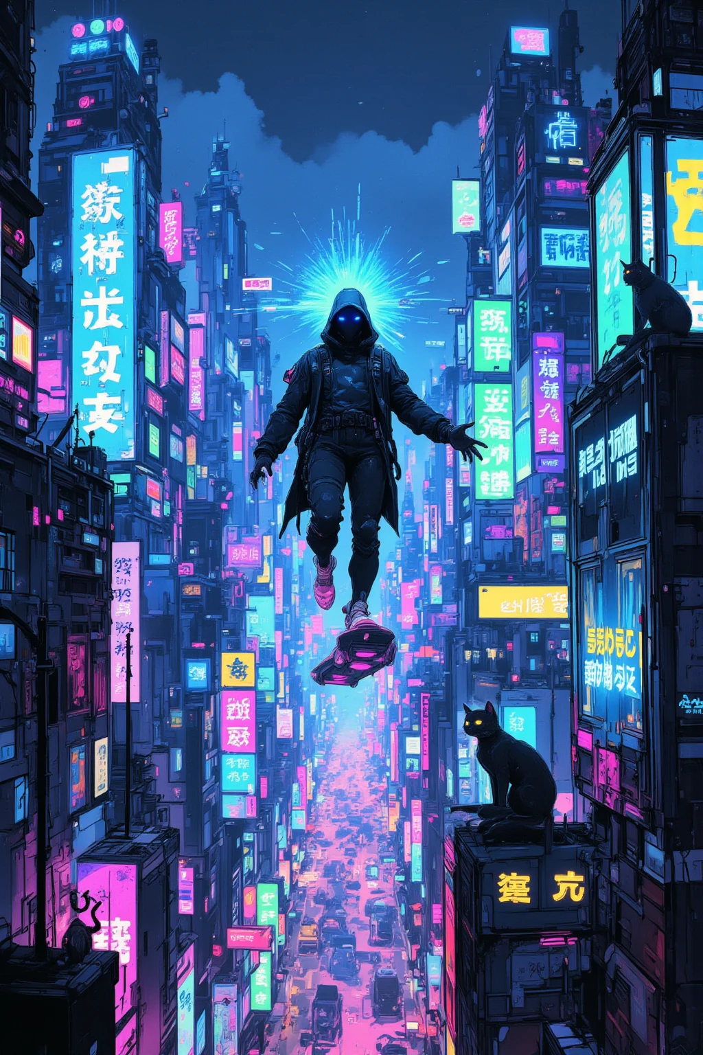 Mysterious Person Who Rides a Hoverboard, futuristic cityscape ,illuminating the vast cityscape with bright neon lights,Neon Signs with Purple Hues Dominating and Blue, green,The city is full of skyscrapers decorated with glowing advertisements and hologram displays,A Person Who Rides a Hoverboard,floating in the air in a dazzling scene, A sense of movement and excitement,The figures have dark silhouettes and are dimly illuminated by the brilliance of hoverboard lights, taking the contrast with the background,A cat sitting on the edge of a nearby skyscraper, Carefully Watching the Scene Unfold, Adding an atmosphere of whimsical curiosity,Mr.々Neon Signs with Blue,Cyberpunk Aesthetics,Digital Utopia,colorful x} A dynamic fusion of technology and urban life,An Atmosphere of Exploration and Futuristic Surprise,Arafe images of a man on a flying skateboard,cyberpunk art style, bright colors of cyberpunk ,  Spider-Verse , Cyberpunk Dream World, Digital Cyberpunk Anime Art, Cyberpunk Aesthetics , hero pose,Colorful city lighting, Cyberpunk Themed Art , Sharp Pointed Toe,  cyberpunk digital art , Dreamy Colorful Cyberpunk Colors