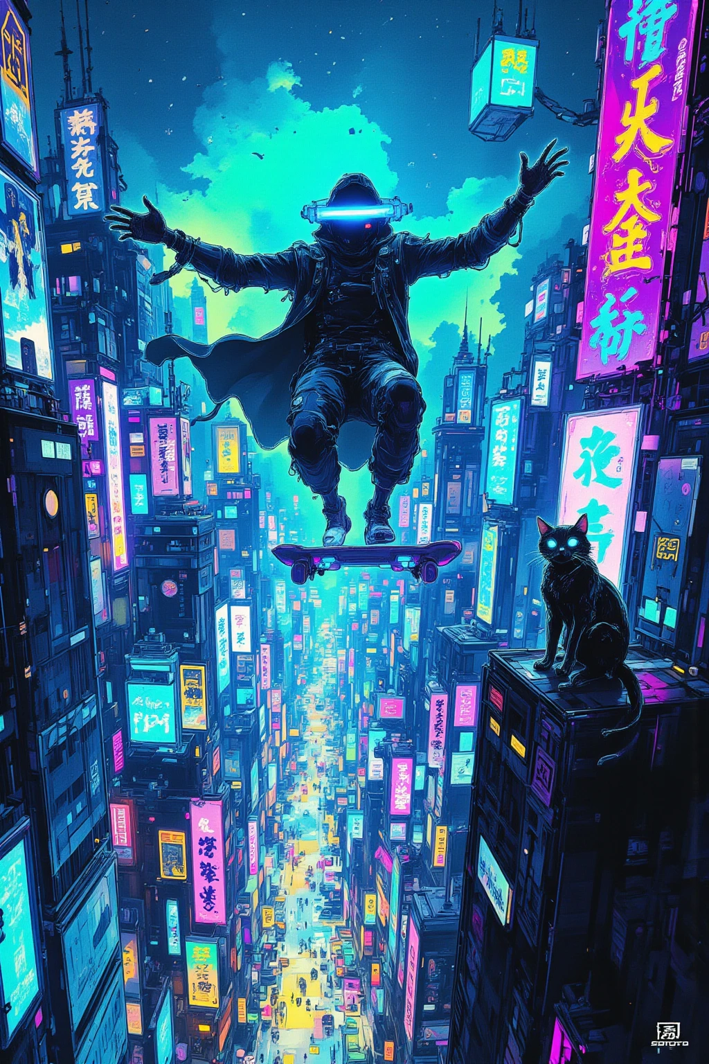 Mysterious Person Who Rides a Hoverboard, futuristic cityscape ,illuminating the vast cityscape with bright neon lights,Neon Signs with Purple Hues Dominating and Blue, green,The city is full of skyscrapers decorated with glowing advertisements and hologram displays,A Person Who Rides a Hoverboard,floating in the air in a dazzling scene, A sense of movement and excitement,The figures have dark silhouettes and are dimly illuminated by the brilliance of hoverboard lights, taking the contrast with the background,A cat sitting on the edge of a nearby skyscraper, Carefully Watching the Scene Unfold, Adding an atmosphere of whimsical curiosity,Mr.々Neon Signs with Blue,Cyberpunk Aesthetics,Digital Utopia,colorful x} A dynamic fusion of technology and urban life,An Atmosphere of Exploration and Futuristic Surprise,Arafe images of a man on a flying skateboard,cyberpunk art style, bright colors of cyberpunk ,  Spider-Verse , Cyberpunk Dream World, Digital Cyberpunk Anime Art, Cyberpunk Aesthetics , hero pose,Colorful city lighting, Cyberpunk Themed Art , Sharp Pointed Toe,  cyberpunk digital art , Dreamy Colorful Cyberpunk Colors