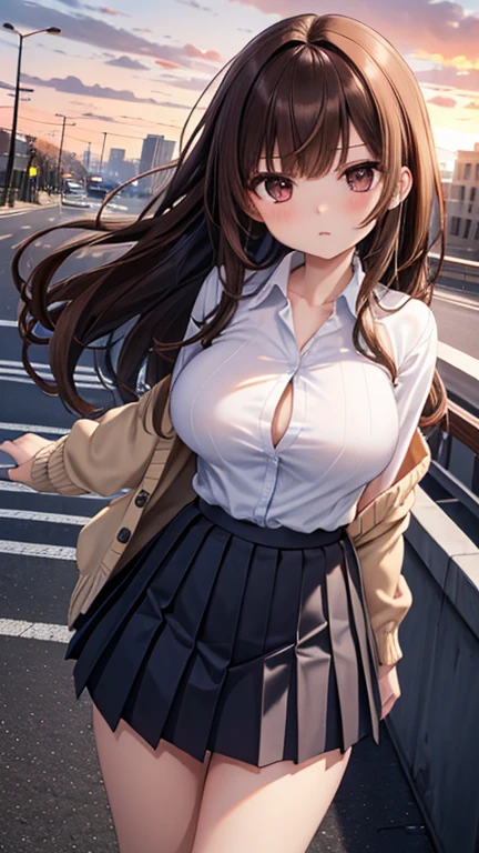 ((table top, highest quality, High resolution, perfect pixel, 4K)), 1 girl, single, alone, beautiful woman、I could see the whole body、 ((middle wavy hair, bangs, brown hair)), ((brown eyes, beautiful eyelashes, realistic eyes)), ((detailed face, blush:1.2)), ((smooth texture:0.75, realistic texture:0.65, realistic:1.1, Anime CG style)), medium , dynamic angle, perfect body, ((topless, nipple, skirt, plaid skirt)), City staircase、Angle looking up from the bottom of the stairs、Very embarrassing panic smile, looked back、leaning forward、(The wind flipped my skand exposed my butt.、Touching thttocks with both haanties、Pussy)、love juice