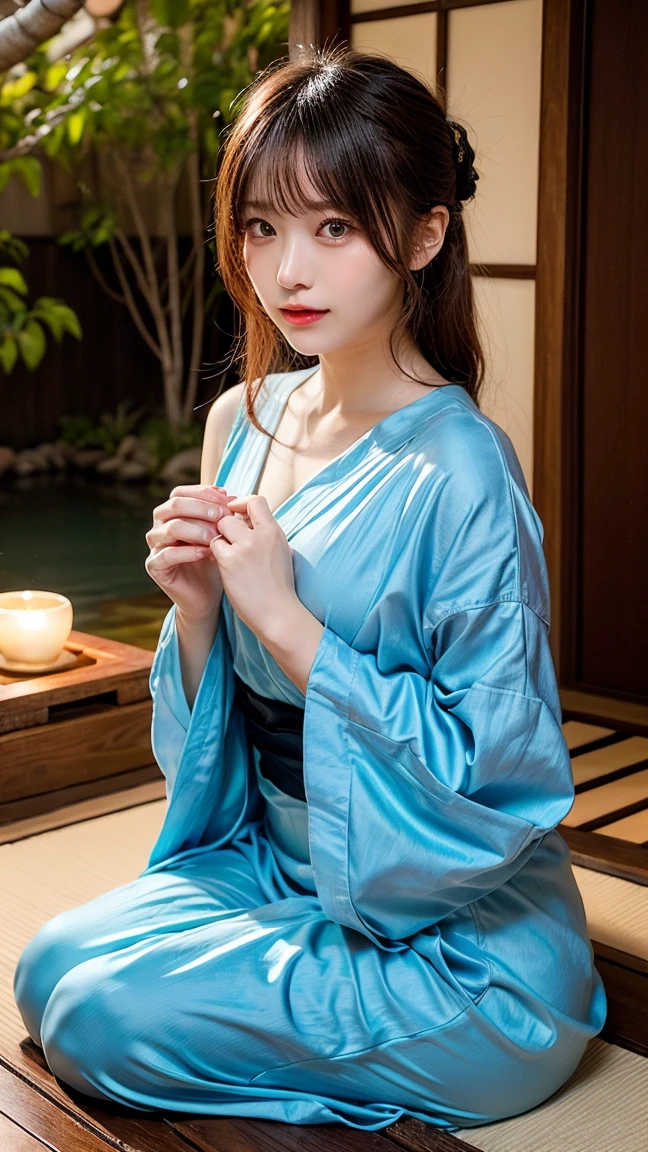 face  :9,41434626], A charming beautiful mature woman、40 years、key　154cm、Balanced body type、hourglass figure、Japan wearing yukata、Yukata at a Japanese inn、Shoulders out、clavicle、japanese model、sexy japanese women, Gorgeous Japanese Women, japanese goddess, laugh、RAW photos, (In 8K、best quality、masterpiece:1.2)、(intricate details:1.4)、(realistic:1.4)、octane rendering、Highly detailed 3D rendering, studio lighting, rim light, vivid details, super detail, realistic skin texture, detailed aspects, Beautiful details for the eyes, Highly detailed CG Unity 16k wallpaper, compensate, (detailed background:1.2),　glowing skin、