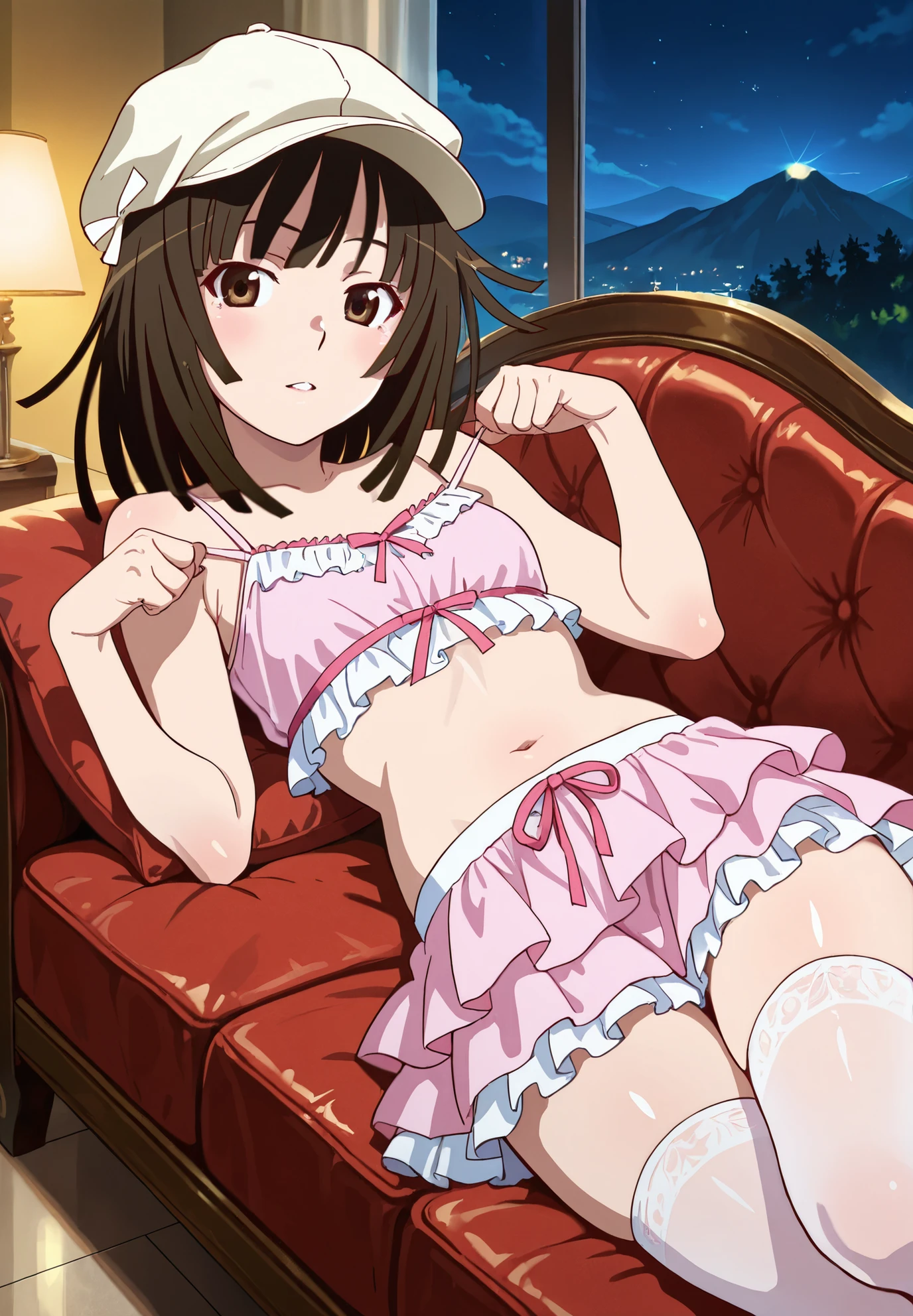 mizuharachizuru, tmasterpiece,high quarity,Real Photographics),intricate-detail,Fantastic atmosphere,Colorful effects,Pure and beautiful girl,Delicate and detailed face and eyes,Delicate Makeup,Clavicle,black lence stockings,Short skirt with a sense of design,((Sexy)),domineering sitting posture,Spread your legs apart,Thong Panties,palace background,I'm smiling at you, masterpiece, Top image quality, hight resolution, 8K, 独奏, Colossal tits, A MILF、Short blouse, Latina, Jumping Window, frombelow, Both thighs are exaggerated, obscenity, a bed, undergarment, hard breathing, Sex Expressions, Open legs