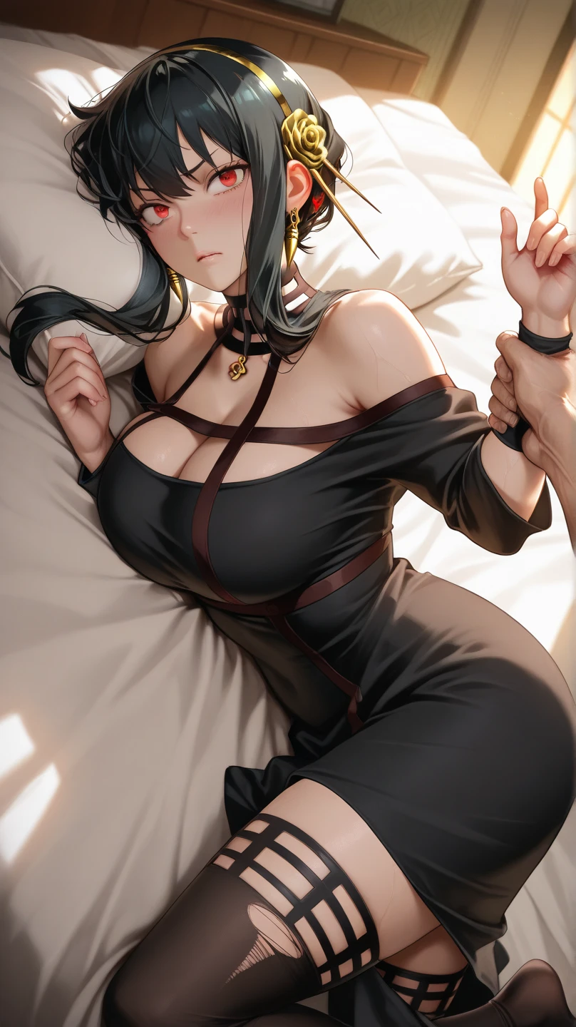Sexy and cute woman, black hair tied in a braid, big forehead, seductive eyes, pink lips parted, blushing intensely, long neck, lustful expression, bare shoulders, medium chest, cleavage, lying on bed,