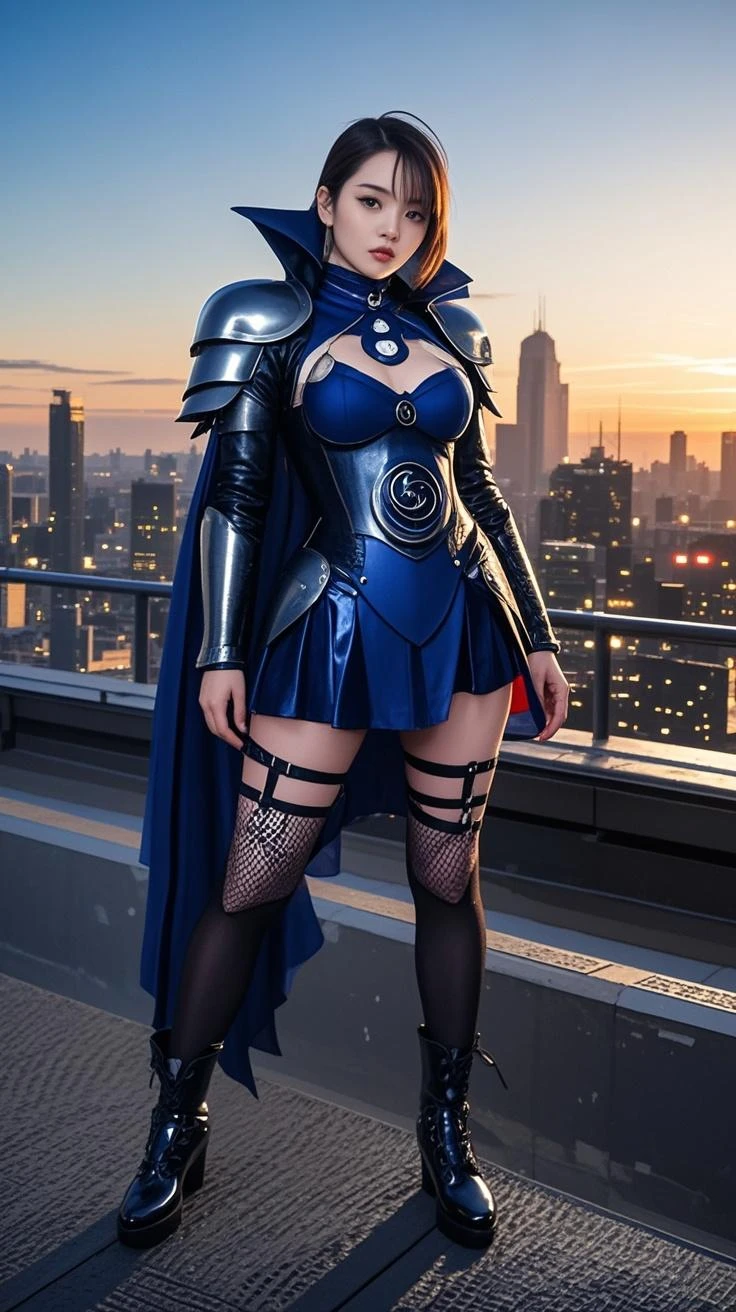 Design the superhero costume for Luna. The costume is a futuristic jumpsuit with armor and robotic touches, in a deep blue color with shimmering moon and star motifs. It includes a long, flowing cape in a soft silver hue, representing moonlight. Additional details include armor on the shoulders, arms, and legs, with advanced technology energy panels in various parts of the costume. Accessories include a belt with a crescent moon emblem, futuristic gloves in deep blue with silver accents, and high boots with silver accents. Luna's hair is styled in a ponytail with dark blue highlights. Luna has a perfect face, thick thighs, and a large bust, appearing elegant, beautiful, and dignified as a superhero.