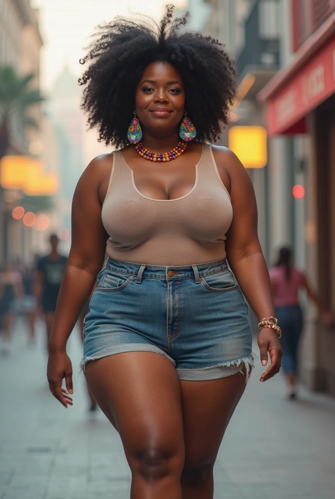 ((Masterpiece)), ((best quality)), 1 irl, gorgeous black African American 20 year old woman, perfect face, perfect curvy body, perfect long wavy brown hair, beautiful green eyes, slim thick, wearing brown flannel, blue jeans, walking on the side walk, outdoors, playful face, big thick thighs, dark skin