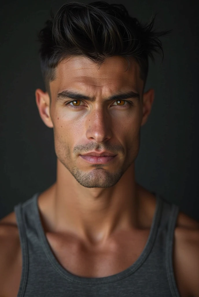 full shot, A naked man, with black eyes, chestnut hair, Average complexion, a sculpted chin and an upturned nose,