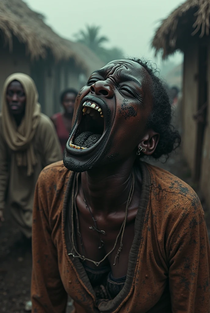 a black man with horns, 3 eyes, deformed teeth, rotten skin, (best quality,4k,8k,highres,masterpiece:1.2),ultra-detailed,(realistic,photorealistic,photo-realistic:1.37),horror,dark fantasy,surreal,twisted,gritty,chiaroscuro lighting,moody atmosphere,eerie,gothic,abandoned town,desolate landscape,cracked earth,dead trees,overcast sky,dynamic lighting