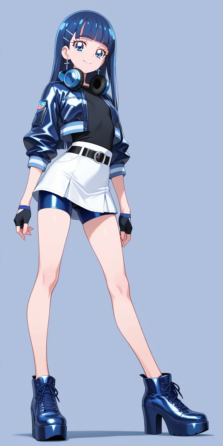 1boy,androgynous, bodybuilding, dark blue messy hair, wide extremely vibrant blue eyes, hd, masterpiece, vibrant, red high heels, slim dark blue hoodie, slim fit blue super shorts, full body view, warm smile, black stockings, male bulge, bulge