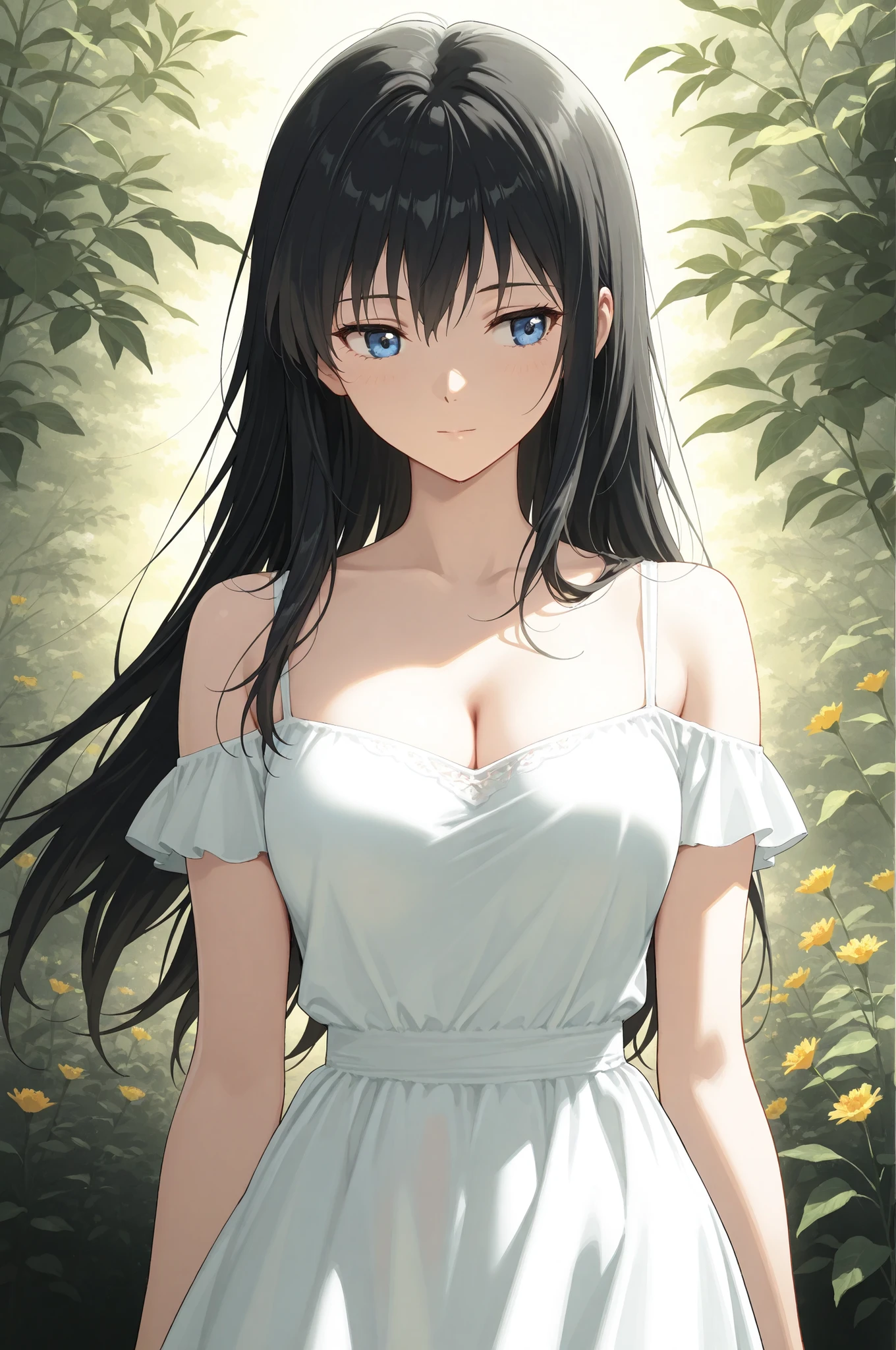 best quality, large breasts, (1girl, solo:1.1), serious face, detailed eyes, looking at viewer, night, moonlight, starry sky, grass meadows, fireflies,  cleavage,