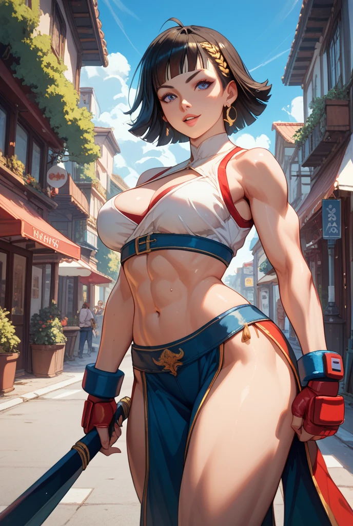 (Muscular:3), (thick thighs:2.5), 
(sakura kasugano, brown hair, short hair:2), (brown eyes:1.7), 
(eyeshadow, lipstick), 
detailed eyes, (big smile:1.8), detailed skin,
(small breasts:2.5),
(blue skirt, crop top, headband, midriff, miniskirt, navel, sailor collar, school outfit, short sleeves, skirt, stomach, shirt, white shirt, white headband, gloves, red gloves:2), 
(upper body view:1.6), (looking at viewer), (three quarter view:1.5),
(japanese street:1.3), rim lighting, two tone lighting, dimly lit