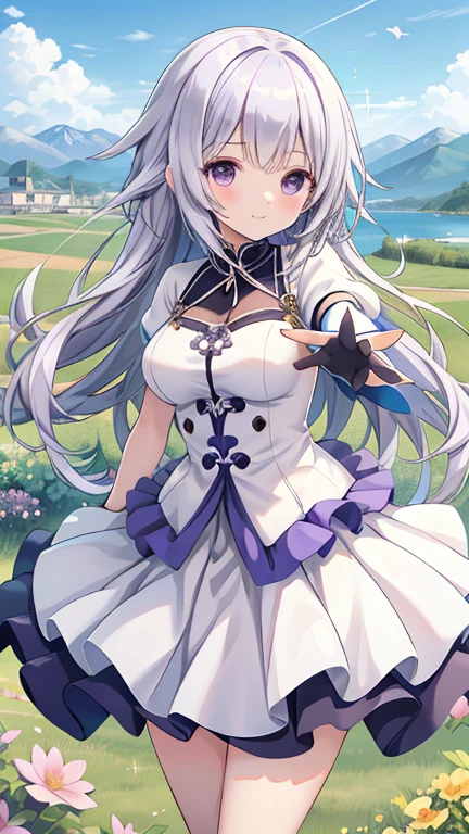 1girl, emilia \(re:zero\)), re:zero kara hajimeru isekai seikatsu, large breast, masterpiece, best quality, very aesthetic, absurdres, key visual, highly detailed, looking at viewer, zettairyouiki, outdoors