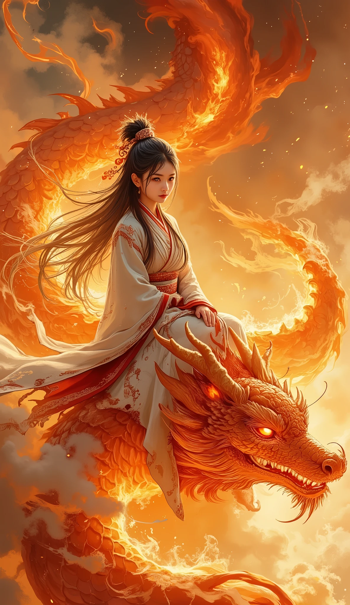 (masterpiece), (best quality), (super delicate), (illustration), (extremely delicate and beautiful), (dynamic angle), white and black highlights, (legendary Dragon queen:1.3),(complex details) ,golden eyes, green pupils, delicate face,messy floating hair, messy hair, focus, perfect hands, (fantasy wind),handsome shape,((((The flames burning behind the young woman)))), (the battlefield behind the young woman:1.2), (((Bloody))),long hair:1.2,hair stick:1.2,bun:1.2, upper body:1.2,dragon horn:1.2,(((flowing))),nhjy, a dress with a long train and a cape<lora:nhjy-10:0.4>