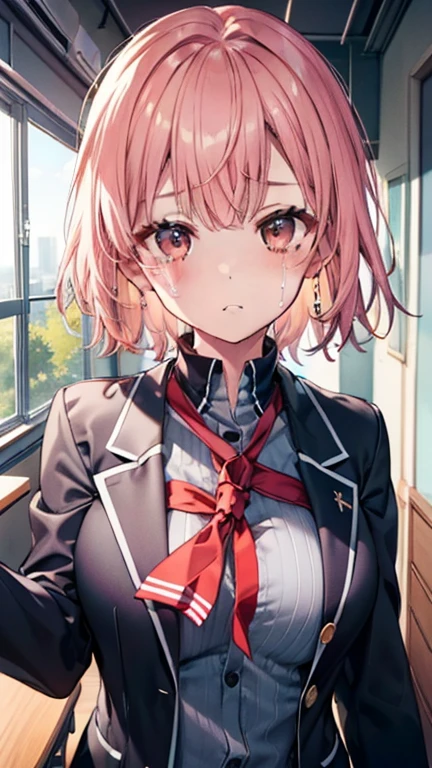 (Highest quality, 4K, 8k, High Resolution masterpiece:1.2), Very detailed, Picturesque, Anime-style photos, Photo Animation:1.37)、a beautiful girl、(Brunette Hair)、(pixie cut)、highschool uniform、white shirt、checked scart 、gyaru、tan、in the class room、During class、Ecstasy face、trembling、Sweat、Drooling、crying、vapor、Black choker、pierce、necklace、bracelet