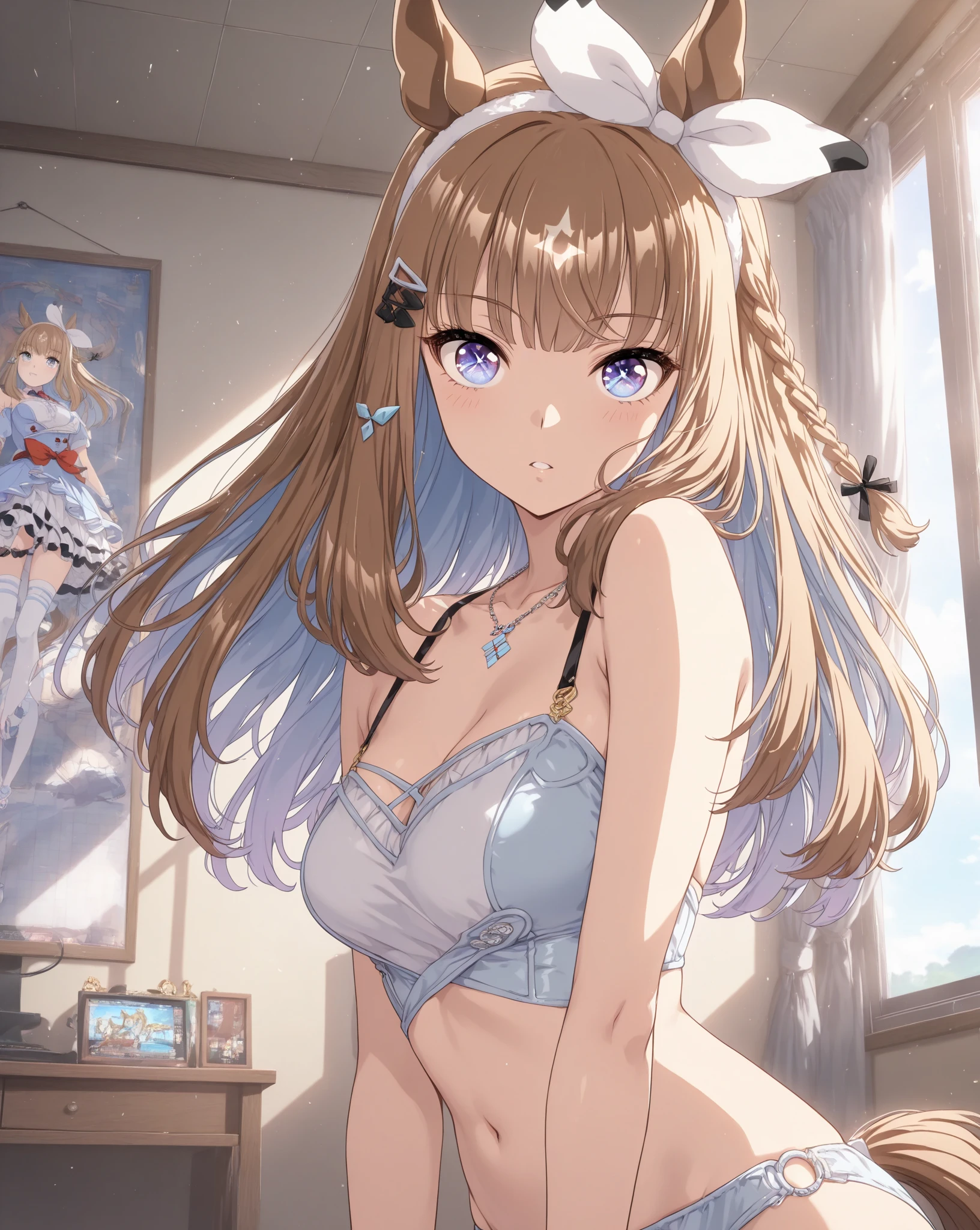 ((2D beautiful girl、top-quality: 1.2、Perfect fingers: 1.2、perfect anatomia: 1.1、Dress perfectly、face perfect: 1.1、4k、8k、top-quality、Perfect Finger 1.1、Perfect Anatomy 1.1))、Beautiful illustration with blurred background))、(Transformation Sequence)、sixteen years old、Solio、princess breast art、a baby face、((stright long hair))、(Slender legs)、Large sagging eyes:1.1、(1 persons)、A shy smile with a blush、inside in room、((bunnygirl、leotard、ribbon choker、Cuffs、Bunny Katyusha))、wide Shots、is standing、Full body depiction、