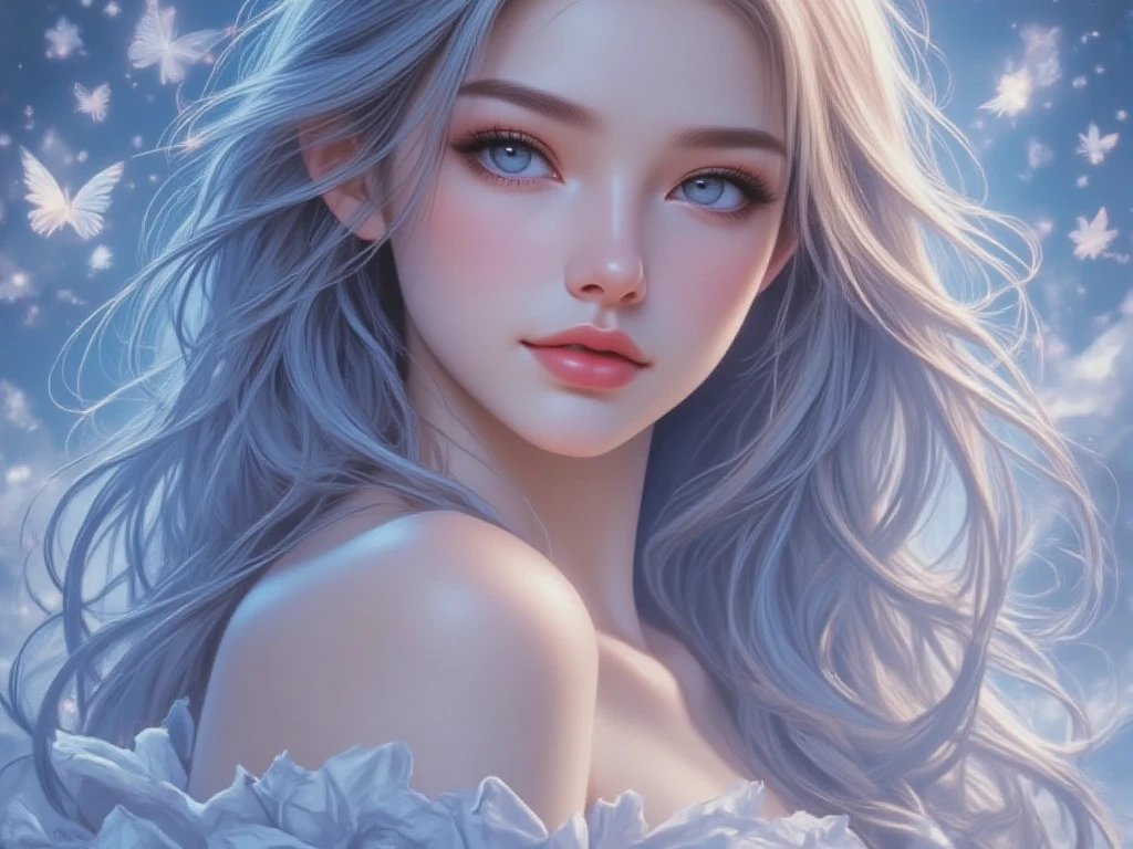 (Masterpiece, Top Quality, Best Quality, Official Art: 1.2), (1 woman), Full portrait of the most beautiful, sexy ethereal woman with snow-white hair, pastel highlights, framing a face of extreme detail and elegance. Frosty blue eyes are adorned with blue eyeshadow, complementing the blue jewels on her forehead. Long lashes and double eyelids are accentuated with dark purple mascara. Rosy cheeks add a touch of warmth to her ethereal beauty, and her glossy skin shines in the cinematic light, highlighting each and every realistic pore and wrinkle. Full sexy lips, painted with purple lipstick, complement