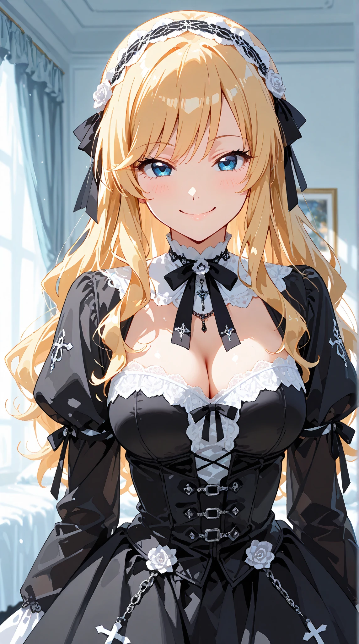 ((highest quality、High resolution、8K、masterpiece:1.3))、dynamic angle、I can see the whole body、wallpaper、1 girl、unparalleled beauty、ultimate beauty、super detailed face、delicate eyes、smile shyly、sexy look、Depth of bounds written、light particles、side light、long hair、blonde、maid、宝石で装飾されたmaid服、maidスカート、(Lifting the skirt with both hands)、((Skirt flips up and white panties are exposed、She shyly lifts up her skirt and shows her panties.))、Open chest、big breasts、cleavage、Thighhighs、thighs、slim、slender、Old castle at night