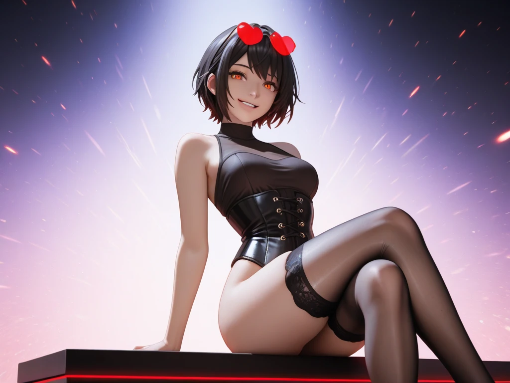 Red tights, black leotard, black high heels, garter belt, black gloves, short black hair, bob with blunt bangs, heart choker around neck, wide glaring eyes, mouth wide open, standing with legs apart in the middle of a live stage, laughing, arms folded in front of chest