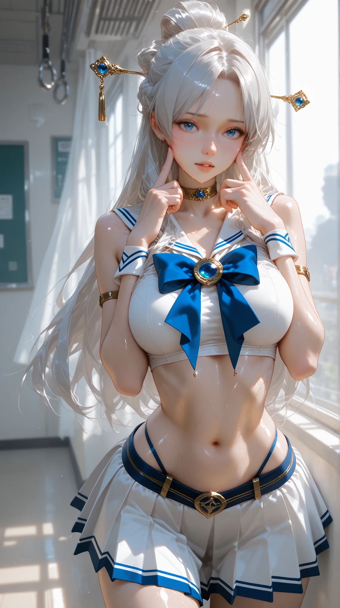 Best quality, high quality, masterpiece, high resolution, detailed, one girl, cute girl, white panties, looking back, from below, blue sailor skirt, sailor suit, over knee high socks, white hair, long hair, show off nipple, large breasts, sexy, good pupil, 4k