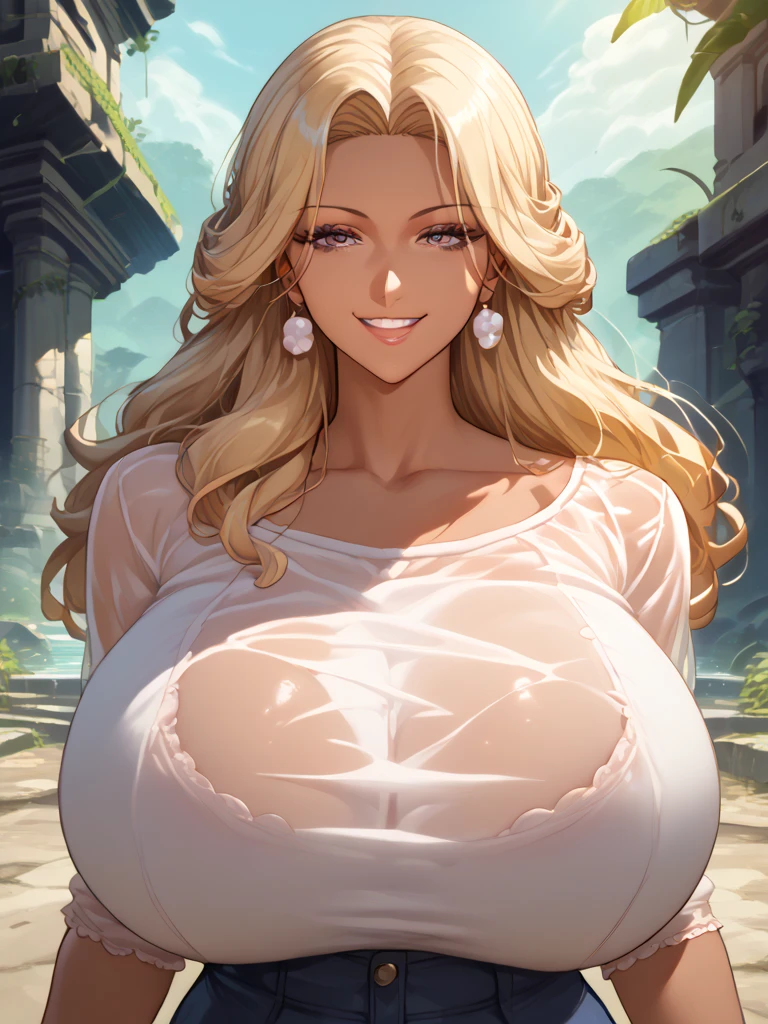 Painting of a beautiful woman, a true Goddess of beauty, half-naked, in light, flowing blue clothes, hugging a white swan, in the background a garden with a lake and waterfalls, colorful flowers and Greek columns