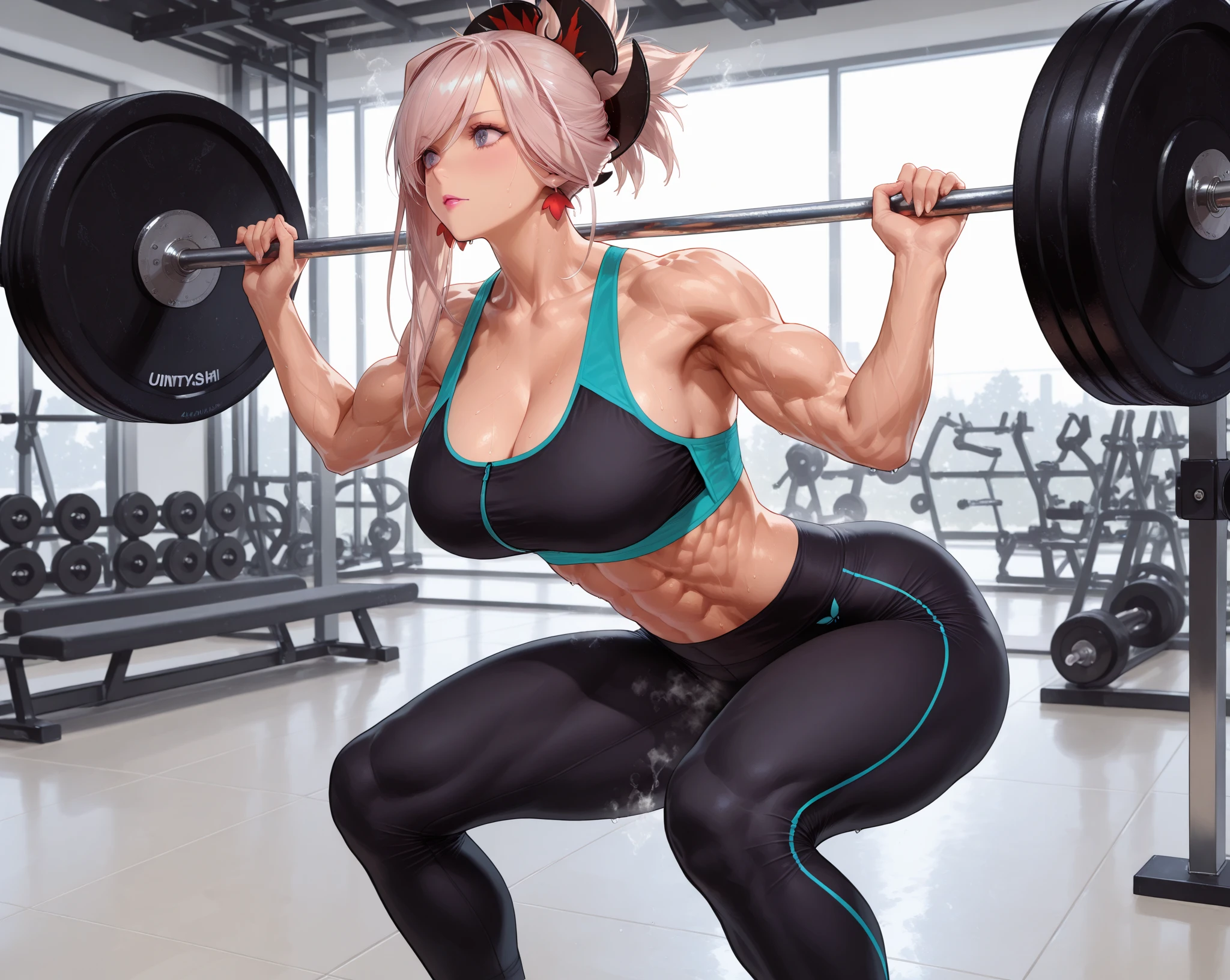 realistic girl girl squatting with a barbell in a gym, chun li at the gym, beautiful anime girl squatting, working out, muscular!!, lifting weights, muscular!, in a gym, most strongest pose, squatting, bursting with muscles, pixiv 3dcg, muscular thighs, thicc, badass anime 8 k, muscular girl, smooth anime cg art