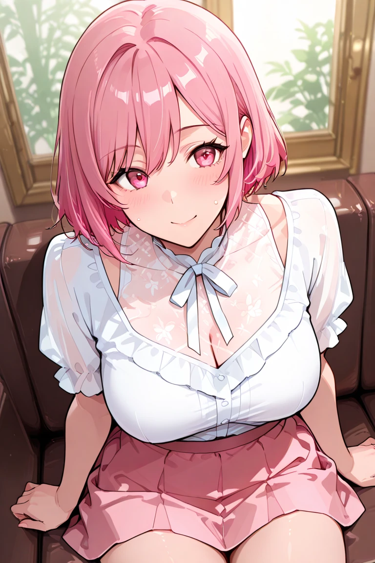 masterpiece, high quality, best quality, beautiful, hd, perfect lighting, detailed face, detailed body, 1 woman, (milf), solo, (pink hair), red eyes, ((white lingerie with ruffles)), (sitting on table), (pink roses), sexy pose, sexy face, (blush),