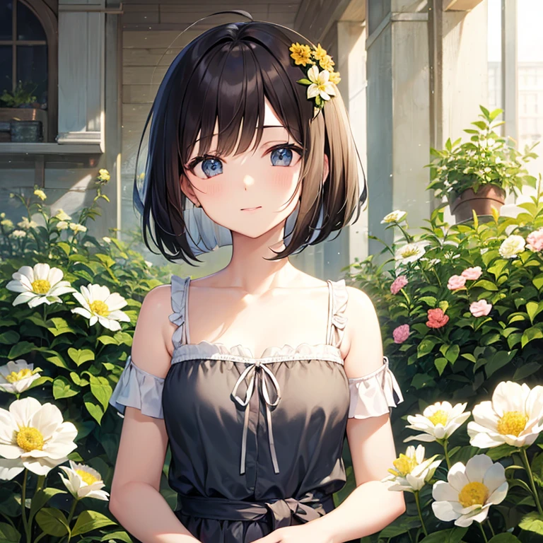 Official Art, wallpaper, Very detailed, (((Very detailed))), Realistic portraits, (最high quality, masterpiece, High resolution), (High resolutionスキン: 1.2), Perfect Anatomy, 8k UHD, Soft Light, high quality, Volumetric Light, There is a woman sitting on the floor, With flowers, surrounded by colorful flowers, Flower Field, female portrait With flowers,, sitting With flowers, Soft and fantastic lighting, Beautiful young dark-haired woman, Fantastic and dreamy, 4K, 8k, Background Blur, smile, 10 years old, Bob Cut Hair, Dynamic Angle