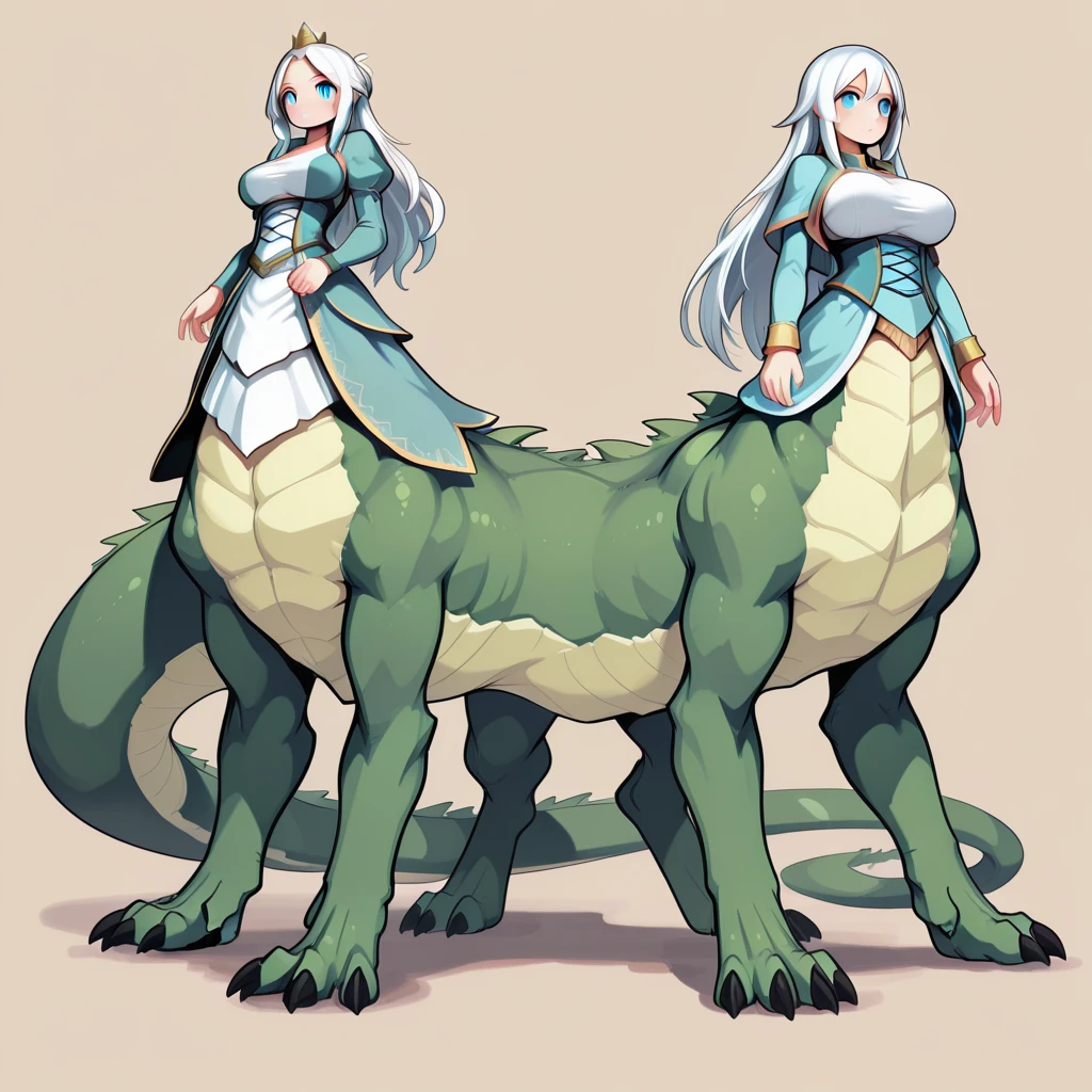 Lamia, long white hair, gigantic muscle, erect penis, big breasts, 4 arms, full body.