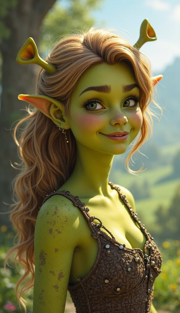 concept art, upper body shot of a small Female Faun, the Woman is Delightful, Brown hair styled as Twist braid, Cathode tube, <lora:avocado_skin:1> avocado skin