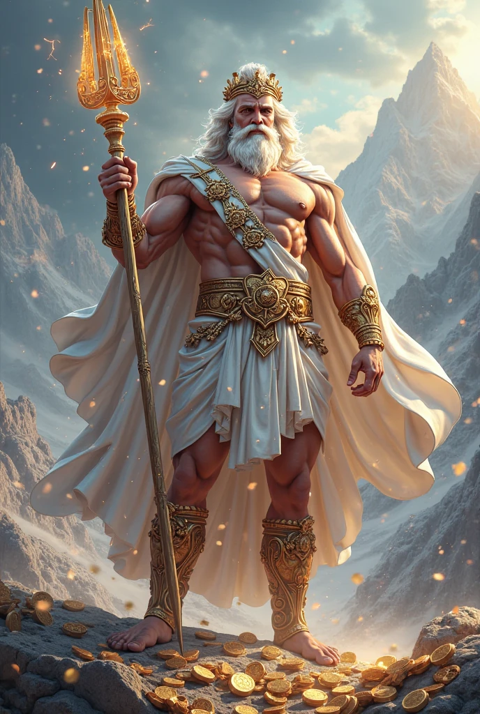 ((Best Quality)), ((Masterpiece)), (detailed), depiction of Zeus, god of the Greek gods, (mythology: 1.2), (majestic appearance: 1.1), (spear of thor in hand: 1.2), flowing beard and hair, muscular physique, wearing a crown made of shells, (marine field: 1.1), (powerful presence: 1.2), (tempest: 1.1), (divine aura: 1.1), (commanding gaze: 1.1), 8k resolution.