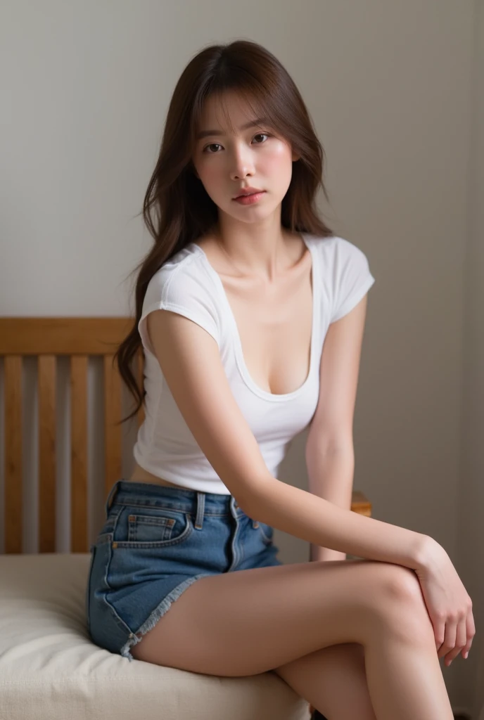 masterpiece, best quality, Surreal, Ultra Detailed, 8k resolution, RAW photos, Clear focus, (A girl in the forest), ((light gray shirt)), sleeveless, sports Shorts,Full body posture, Solitary, Perfect body, Become a, Bangs to eyebrows、Beautiful brown hair、Beautiful and delicate eyes、Brown eyes、Raise an eyebrow、Bangs to eyebrows、Beautiful brown hair、Beautiful and delicate eyes、Brown eyes、Raise an eyebrow、High Nose、Small nostril、Little mouth、Tempting lips、Mouth slightly open、Beautiful breasts、Full body、Oval face,Phoenix Eyes,Eyebrow, Both eyes, Both eyes皮, Long eyebrows, Long eyelashes, A faint smile,Stand up,
32 inches in the chest,(a charming smile:1), (sexy pose),26 years old, light,White shoes