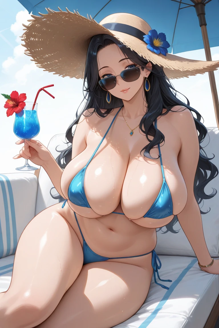 extremely delicate and beautiful, Amazing, finely detail, masterpiece, ultra-detailed, highres,best illustration, best shadow,intricate, high quality, woman, solo, purple long hair, curvy, milf, giant breasts, sexy body, camisole, (black yoga pants), minimal jewelry, hat, bright green glowing eyes, natural makeup, Alien planet, tropical beach, beach towel, fruit drinks, lotion on chest, beach umbrella, lot of colorful smoke everywhere background, palm trees, cutesexyrobutts 