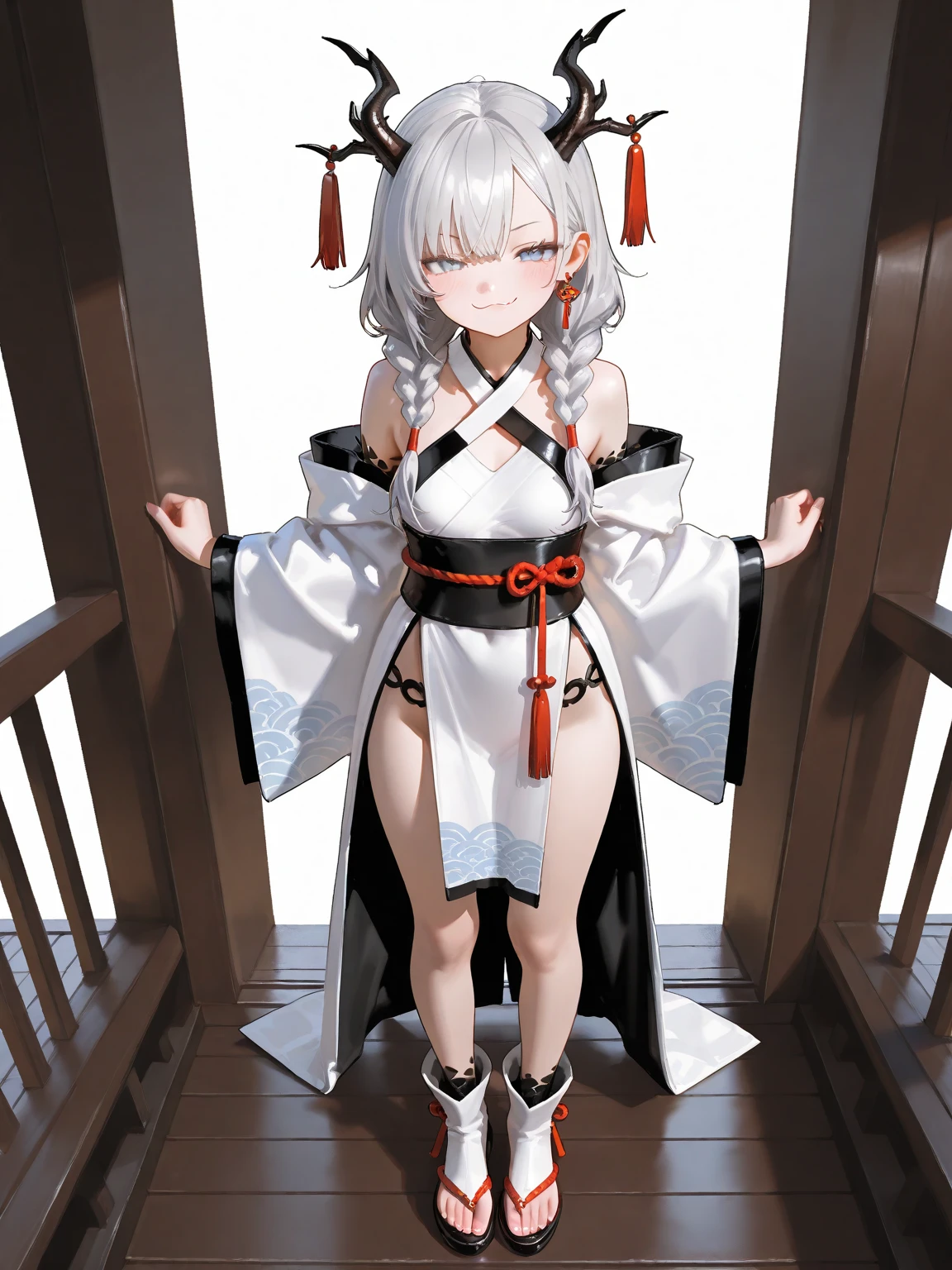 ((4ｋ、8ｋ、top-quality、Perfect Finger：1.Elfect Anatomy：1.3、Blur the background))、(Robot Girl：1.3)、cute petit girl、((kimono maid leotard、sixteen years old、a beautiful slender girl、a baby face、Straight long hair：1.1))、(Beautiful big drooping eyes)、closed eyes smile、Full Body Display、(Soio)、knee high socks,Japanese-style coffee shop