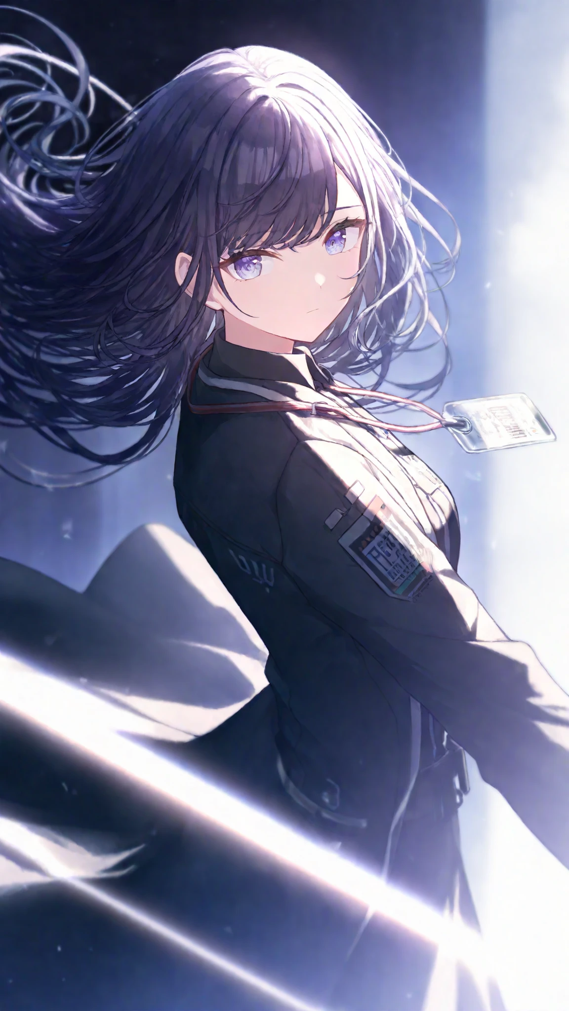 detailed texture, masterpiece, masterpiece, best quality, amazing quality, very aesthetic, high resolution, ultra-detailed, absurdres, (hands:-0.15), dramatic lighting,
(1girl, beautiful, lady, young, solo, female:1.25),(angled shot, looking away from viewer, turning body, dynamic pose, medium shot:1.2), mafuyu, blue eyes, purple eyes, expressionless, black formalwear, long coat, ID tag, Limbus Company uniform, kevlar vest, white buttoned shirt,
BREAK, depth of field, volumetric lighting
 