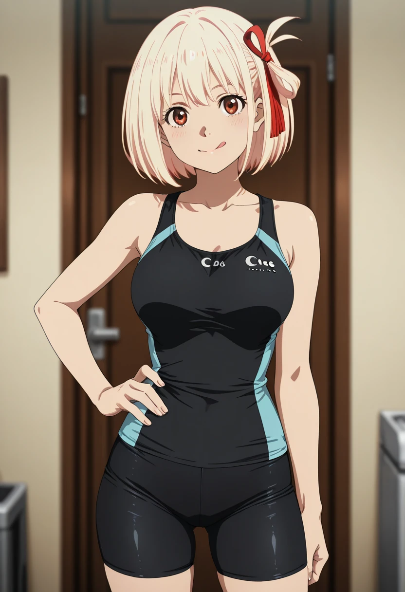 (masterpiece、highest quality、In 8K、High resolution:1.2)、alone、One Girl、  Chisato Nishikigi、Feeling embarrassed、blush、Red eyes、Look at the viewers、whole body、Swimsuit、Racing Swimwear、Hair clip on left hair、Glossy body、Wet body、Daytime、Poolside、hide