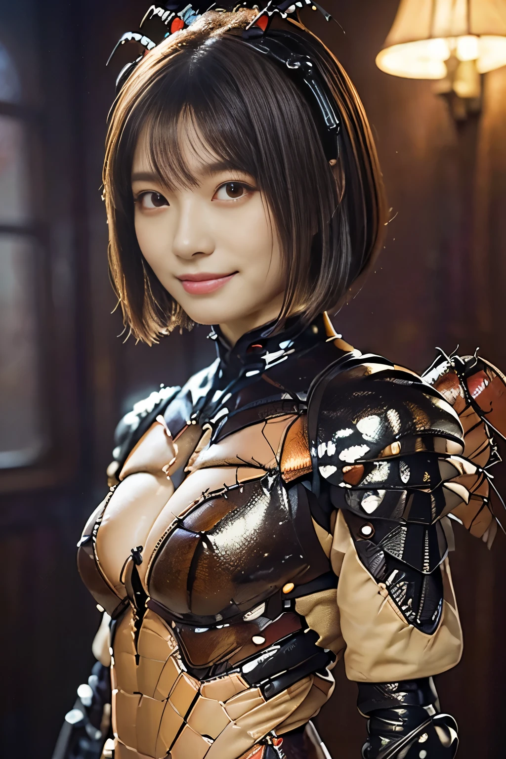 (High resolution,masterpiece,highest quality,Very detailed CG, anime, official art:1.4), realistic, photograph, amazing detail, everything is complicated, shiny and glossy,Amazing number of layers, 8K wallpaper, 3D, sketch, cute, figure,( alone:1.4), perfect female proportions,villain&#39;s daughter, (Fusion of dark brown cockroach and lady:1.4), (brown cockroach woman:1.2), (brown cockroach woman:1.2), (Fusion:1.2), (alone:1.4), (evil smile:1.2), muscular, abs, (Cockroach brown exoskeleton bio insect suit:1.4), (Cockroach brown exoskeleton bio insect armor:1.2), (brown transparent cockroach feathers:1.4), (Antennae of brown cockroaches:1.3),
