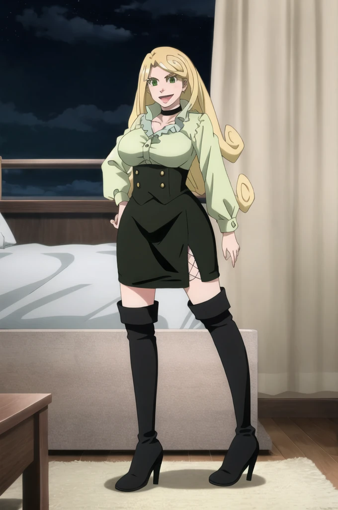 ((masterpiece:2)), ((((best quality:2)))), ((((ultra-detailed:2)))), ((((extremely detailed:2)))), ((((very_high_resolution:2)))), (((eye focus,Character focus, breast focus))), ((highly detailed beautiful face)), ((cinematic lighting)), (((perfect anatomy))), (((((beautiful eyes:1, beautiful face:1, vivid eyes))))), (((anime art:1))), (((((orange eyes))))), ((shiny eyes)), (((((((eyes in highlight))))))), ((((catch light eyes, specular highlight eyes, captivating Eye Reflections)))), (((beautiful detailed yellow eyes))), ((((beautiful and delicate eyes:1)))), ((Sharp Face)), distinct eye, (((((1girl))))), (((close up, POV))), (((grin, Pink eyeliner, seductive smile))), ((slender eyebrows, v-shaped_eyebrows)), ((((slant eyes)))), (gigantic boobs, voluptuous, rounded breast), ((((brouse shirt, black skirt)))), ((necklace, earring, bracelet, Scrunchie)), ((small head)), (((blonde hair, wavy hair, drill hair, forehead, high ponytail, big hair, twin drills, hair intakes, shiny hair))), (((((tall person))))), (hottest chick, very amorous), (((white skin, shiny_skin))), (((nice body, Hourglass body))), (((((slender body, lissome figure, slim body, willowy))))), (slender waist, curvaceous, slim arms), (young,18 years old)