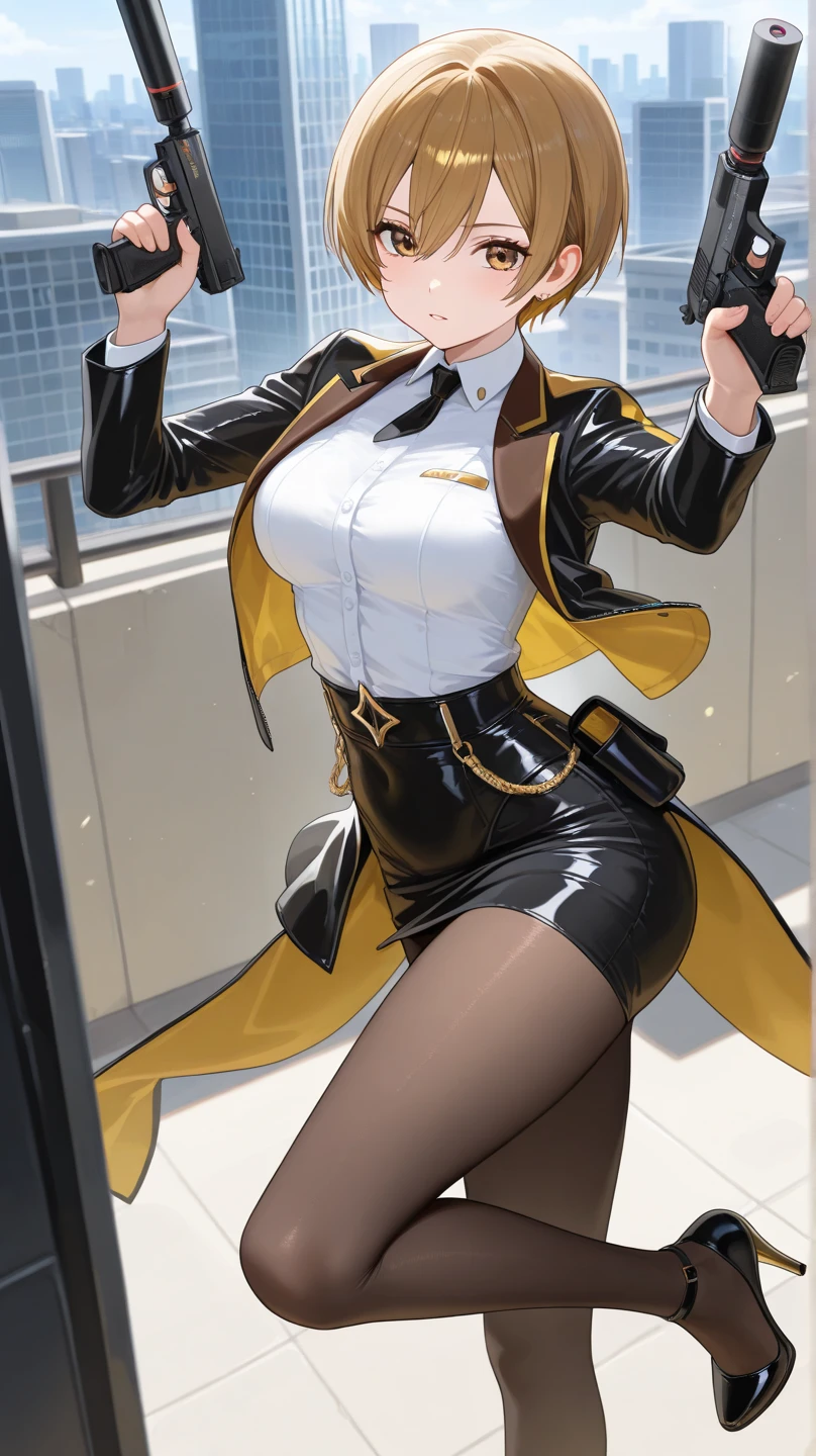 (masterpiece, best quality:1.2), intricate details, 1girl,sky striker ace raye,cityscape ,blue eyes,Blond hair, black headdress.Dark brown tie,standing on the roof of a building,raining,stars,night,cleavage,narrow bust,frontal view,(mature female:1.2),huge breasts