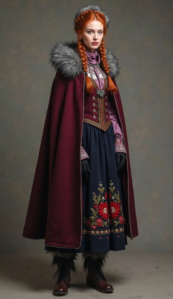Of course。The following is a description of an 18th century girl's clothing style that combines the five Nordic countries(Denmark、Norway、sweden、Finland and Iceland)and detailed description of the Sami style:
---
### **Appearance and hairstyle**
**Face and hairstyle:**
She has soft Nordic features,Fair skin,The facial features are three-dimensional and clear。Her hair is blonde or dark brown,Long hair was braided into intricate braids,Partially braided into a scrunchie,Some shawls,It embodies the traditional Nordic braiding art.。Her hair accessories may have included an elaborate silver headdress,It is studded with small jewels or pearls.,A symbol of her noble status。
### **apparel**
**Jacket:**
她穿着一件融合北欧和萨米风格的Jacket,The design of this dress combines Nordic simplicity with Sami ornamentation。Jacket的主色调是深蓝色或森林绿,Presenting the natural colors of Northern Europe。Jacket的领口和袖口饰有细致的刺绣,The pattern includes traditional Sami motifs,Such as geometric shapes and natural elements。The cuffs may also have colored fabric edges.,Increases the uniqueness of the style。
**skirt:**
她的skirt是一种复古的长裙,Length to the ankle,Use soft wool or linen fabric。skirt的颜色可能是温暖的土褐色或炭黑色,Decorated with fine floral embroidery,Inspired by traditional Sami patterns。skirt腰部束带用一条色彩鲜艳的织带装饰,Maybe red or blue,With hand-embroidered details,Highlights her waist curve。
**Coats and Capes:**
She wore a long coat or cape.,This garment combines Nordic wool texture with Sami decorative style。The coat is usually dark in color,Such as dark brown or dark green,The interior lining may be bright silk or velvet,It has exquisite embroidery and decorative ornaments.。The edges of the cape are decorated with fine fur,Adds warmth and visual richness。
**Belts and accessories:**
Her waist is wide and decorative,May be made of leather or cloth,It is decorated with silver buckles and decorations.。The belt may also have small silver pendants or tassels hanging from it.,Showing off her wealth and status。She also wore a series of exquisite accessories,Including silver necklace、Earrings and bracelets,These ornaments are engraved with traditional Nordic and Sami motifs。
### **shoe与sock**
**shoe:**
She wore a pair of low-top leather boots or wooden shoes.,这些shoe经过精细的手工制作,Possible belt decoration at ankle。shoe的颜色通常与她的服装相协调,such as dark brown or black。
**sock:**
她的sock是手工编织的,Probably made of wool,色彩和图案与她的skirt和Jacket相匹配。sock的边缘装饰有小巧的刺绣或编织图案,Embodying the beauty of traditional craftsmanship。
### **Overall impression**
The girl's overall look shows a unique fusion of 18th century Nordic and Sami styles.,It retains the elegance and simplicity of the Nordic style,It also incorporates rich Sami-style decorations and traditional handicrafts.。她的apparel不仅展示了北欧的自然色彩和简洁风格,It also reflects the intricate embroidery and decorative art of Sami culture.。