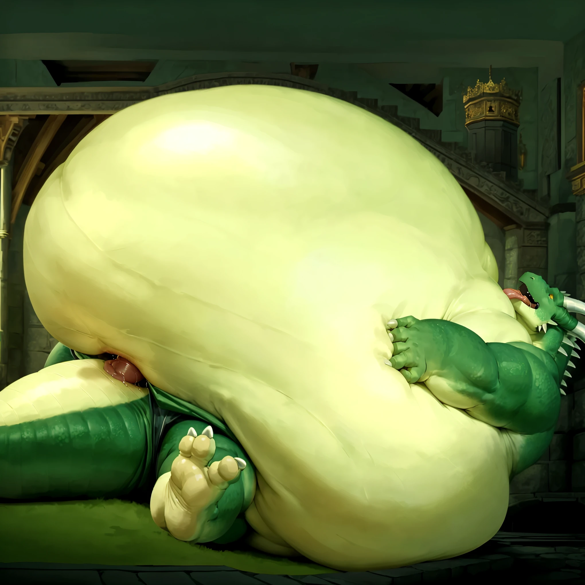 hi res, (michelangelo, TMNT), (green skin, black penis), anthro, tail, sweat, sweaty ass, male, inside, bedroom, night, detailed background, looking at viewer, evil grin, (hyper breasts:1.5), (hyper nipples, puffy nipples), (hyper butt:1.4), (showing ass:1.5), (hyper balls:1.4, hanging balls), (showing balls), (hyper penis:1.4, showing penis), lactating, (laying on bed, back on bed, legs up:1.2), (anatomically correct, correct anatomy), (two legs, two arms), (hands holding legs, grabbing legs), spread legs