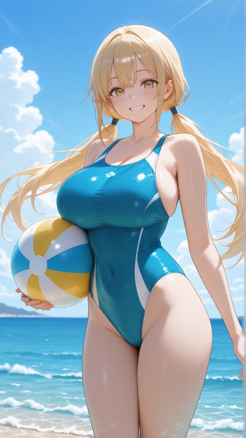  (White background, 1girl:1.4), BREAK,Long blonde hair, blue eyes,Narrow waist,voluptuous Breasts,(one-piece competitive swimwear,one-piece competition swimsuit:1.6), blush,Open your mouth,(covered nipples:1.2)