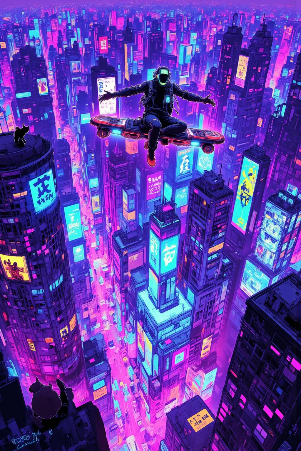 Mysterious Person Who Rides a Hoverboard, futuristic cityscape ,illuminating the vast cityscape with bright neon lights,Neon Signs with Purple Hues Dominating and Blue, green,The city is full of skyscrapers decorated with glowing advertisements and hologram displays,A Person Who Rides a Hoverboard,floating in the air in a dazzling scene, A sense of movement and excitement,The figures have dark silhouettes and are dimly illuminated by the brilliance of hoverboard lights, taking the contrast with the background,A cat sitting on the edge of a nearby skyscraper, Carefully Watching the Scene Unfold, Adding an atmosphere of whimsical curiosity,Mr.々Neon Signs with Blue,Cyberpunk Aesthetics,Digital Utopia,colorful x} A dynamic fusion of technology and urban life,An Atmosphere of Exploration and Futuristic Surprise,Arafe images of a man on a flying skateboard,cyberpunk art style, bright colors of cyberpunk ,  Spider-Verse , Cyberpunk Dream World, Digital Cyberpunk Anime Art, Cyberpunk Aesthetics , hero pose,Colorful city lighting, Cyberpunk Themed Art , Sharp Pointed Toe,  cyberpunk digital art , Dreamy Colorful Cyberpunk Colors