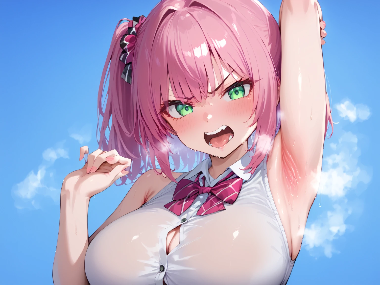 score_9,score_8_up,core_7_up,reverse suspended congress, 1girl, breasts, uncensored, 2boys, penis, threesome, multiple boys, ((paizuri)),((titjob)),(penis between her tits)mmf threesome, sex, group sex,(holding penis),1 Female,High definition,high resolution,Ultra-realistic,8K, hy1, hair ornament, multicolored hair, necktie,pink skirt,tight skirt, miniskirt ,sleeveless, school uniform, jewelry,large breasts,European,sexy,Upper body close-up,Photographed from the front,Dynamic Angles,blush, medium tits, happy, wink the eye,facial, sweat,((nipples)),((upper body))